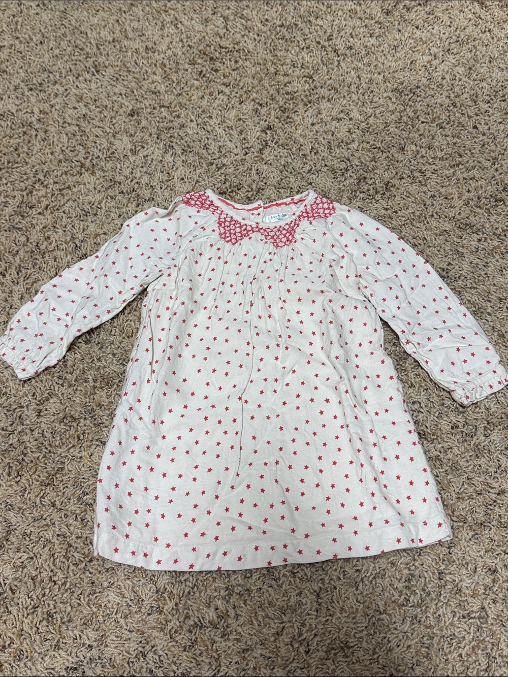 Baby Boden Cream Dress with Pink Star Print and Smocked Collar